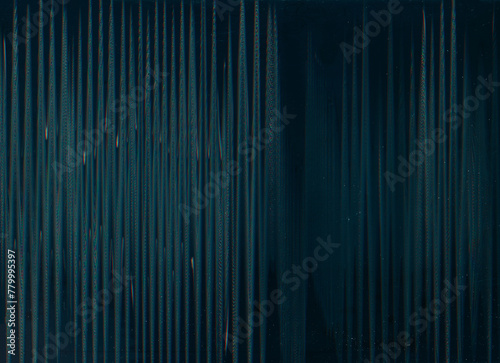 Digital distortion. Glitch overlay. Blue ice color wavy frequency signal interference defect screen pattern stripe dust grunge abstract background.