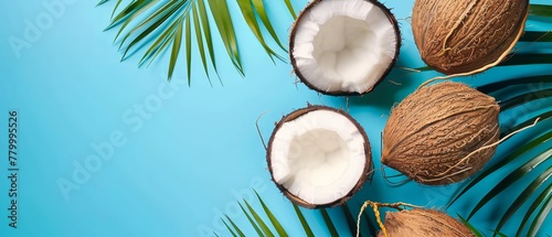  A cluster of coconuts atop a blue surface Nearby, a solitary green palm leaf against a backdrop of deeper blue