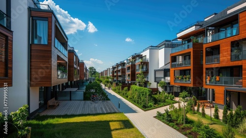 Modern residential complex with elegant architecture and large terraces. The buildings have wood accents on the facades and white walls. A paved path leads to the entrance.