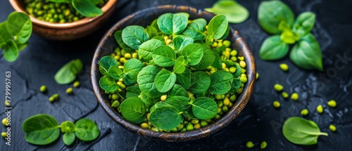   A wooden bowl holds green leaves Nearby, another bowl is filled with yellow and green sprouts Both rest on a black surface