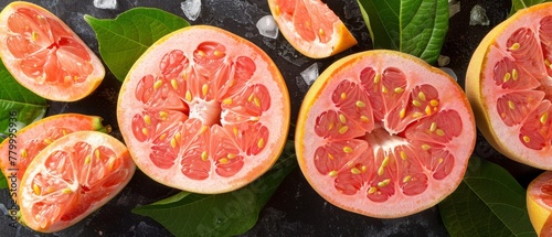  A grapefruit halved, close-up on a dark backdrop Surrounded by emerald green leaves