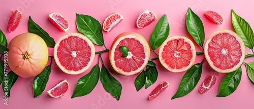   A collection of halved grapefruits against a pink background, surrounded by green leafy foliage