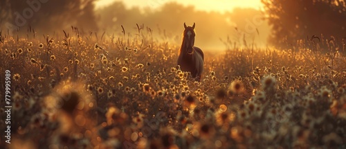  A horse stands amidst a field of wildflowers at sunset, with the sun setting behind it