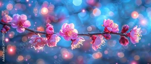   A branch adorned with pink blossoms against a backdrop of blue and pink bokeh of blurred lights © Jevjenijs
