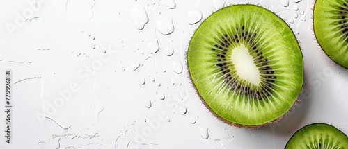   Two kiwis, each cut in half, placed on separate tables photo