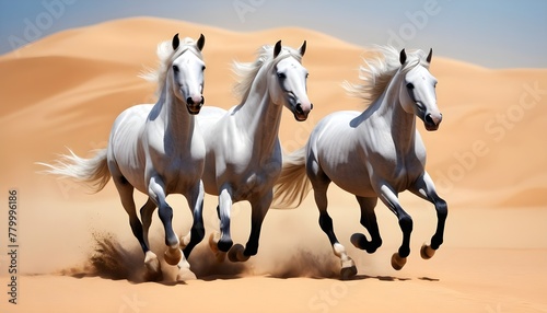 Silver Horses Galloping in the Desert Sand. 