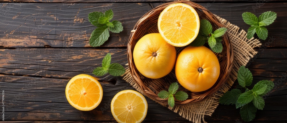 A basket brimming with oranges atop a weathered wooden table, accompanied by a few mint leaves A basket brimming with oranges atop a weathered wooden table, accompanied by a few mint leaves