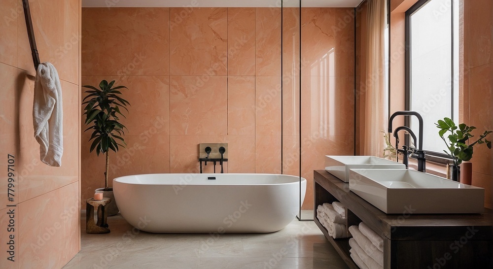 Fototapeta premium Peach Fuzz Orange color bathroom interior 2024 - 3D rendering