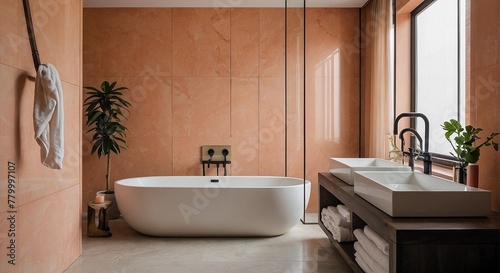 Peach Fuzz Orange color bathroom interior 2024 - 3D rendering