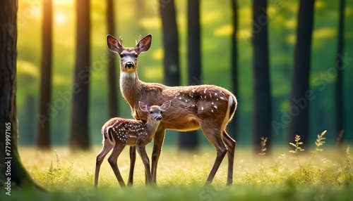 Deer and Fawn With a Blurry Forest Background.