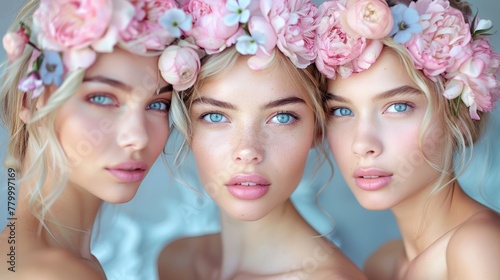  Three young women, each adorned with flowers in their hair, pose before a mirror, applying makeup