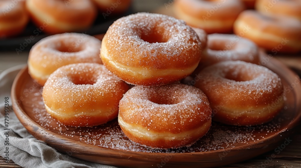 A wooden table holds a stack of doughnuts atop it, surrounded by an additional pile nearby A wooden table holds a stack of doughnuts atop it, surrounded by an additional pile nearby