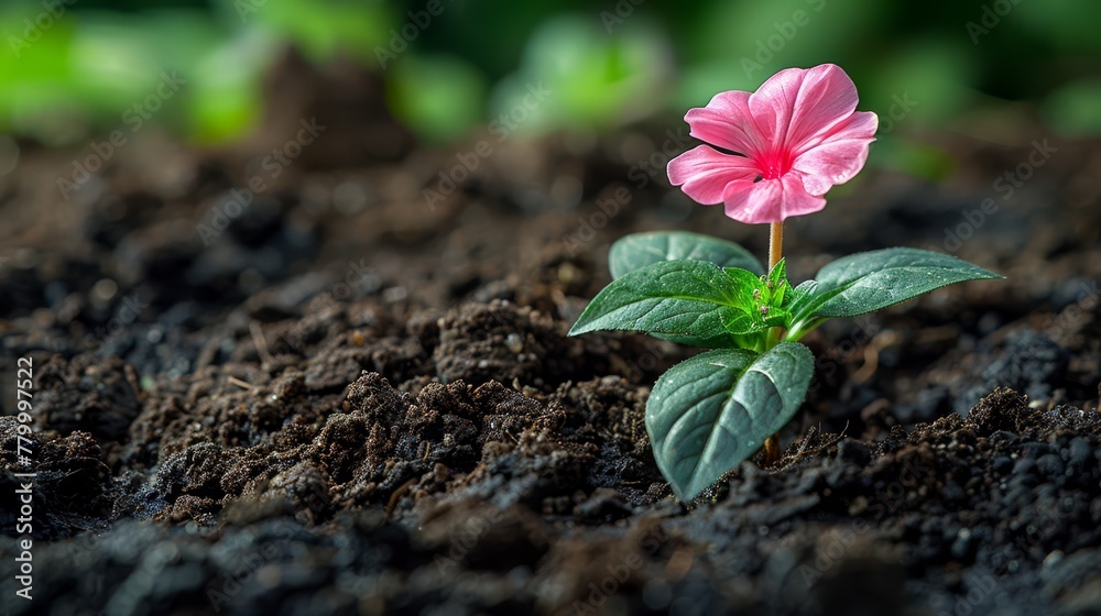 A tiny pink bloom atop a mound of soil, its center graced by an emergent green leaf A tiny pink bloom atop a mound of soil, its center graced by an emergent green leaf
