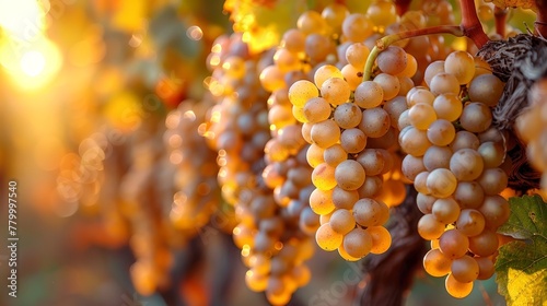  A vine bears a cluster of grapes, sun illuminating the foliage behind it © Jevjenijs