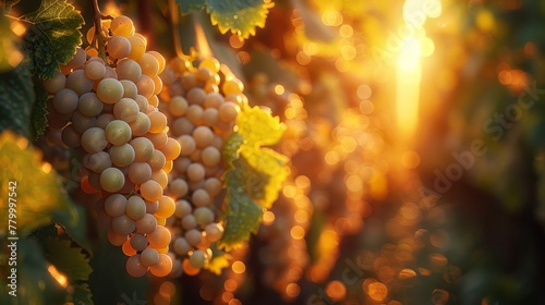   Grapes hanging from a vine, sunlight filtering through the leaves