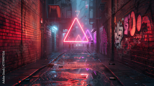 Hyperrealistic cityscape with striking neon triangle. Illuminating the darkness, it adds a modern, edgy touch to the urban landscape.