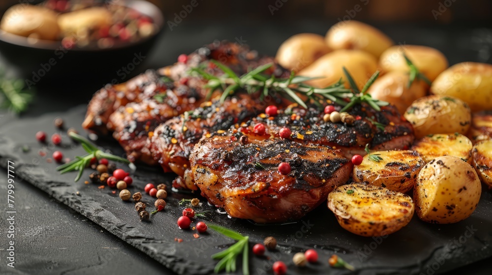 A tight shot of a plate against a black backdrop, featuring meat, potatoes, and cranberries A tight shot of a plate against a black backdrop, featuring meat, potatoes, and cranberries