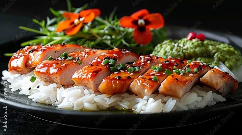   A tight shot of a plate, laden with rice in the center and a colorful garnish off to the side