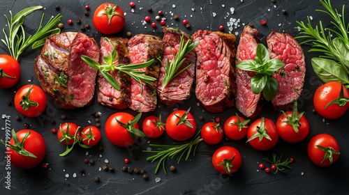  A collection of raw meats atop a black stone surface, surrounded by tomatoes and herbs Herbs and tomatoes encircle the meat arrangement