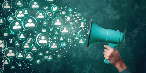 A hand holding a megaphone with glowing social media icons and people symbols on a dark green background, concept of marketing or advertising a social network service. photo