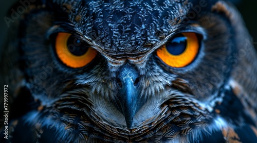  A tight shot of an owl's face reveals orange and yellow eyes at the center