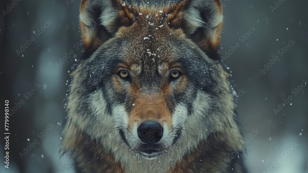 A wolf's face in close-up, covered in snow on its fur, against a blurred background A wolf's face in close-up, covered in snow on its fur, against a blurred background