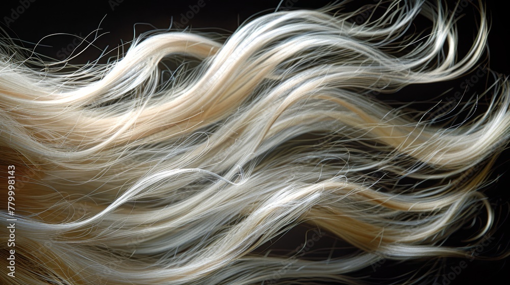 Close-up of long, blonde hair swaying in the wind against black backdrop Close-up of long, blonde hair swaying in the wind against black backdrop