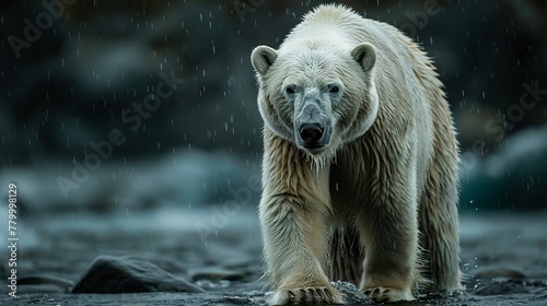   A polar bear up close, treading on damp ground speckled with rocks Water droplets dot the surface photo