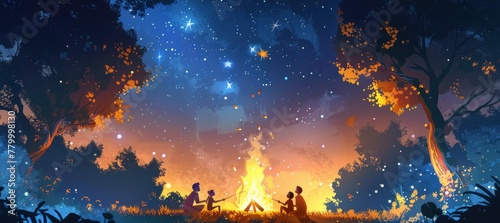 An illustration of a family gathered around a crackling campfire, roasting marshmallows and sharing stories under a star-filled sky in the midst of a dense forest. © MEHDI