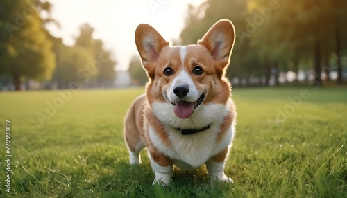 Welsh Corgi Dog on Grass Background. Portrait of Cute Dog in The Park.