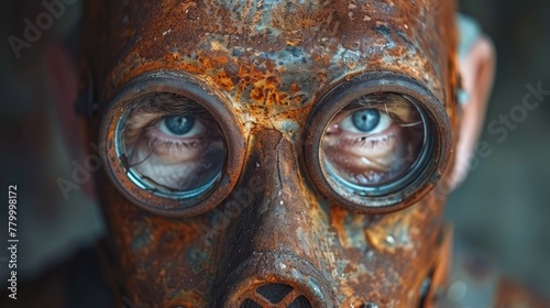  A tight shot of an individual donning a gas mask, their large blue eyes peering intently, and a nose ring adorned with a cross visibly hanging from the septum