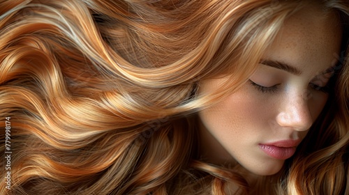  long, golden locks billow in the wind as her eyes are peacefully shut