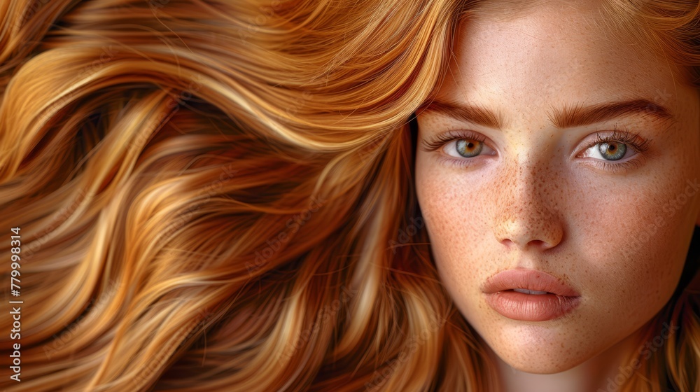 A tight shot of a woman's face adorned with red curls scattered across it, and freckles dotting the surface of her freckled skin A tight shot of a woman's face adorned with red curls scattered across it, and freckles dotting the surface of her freckled skin
