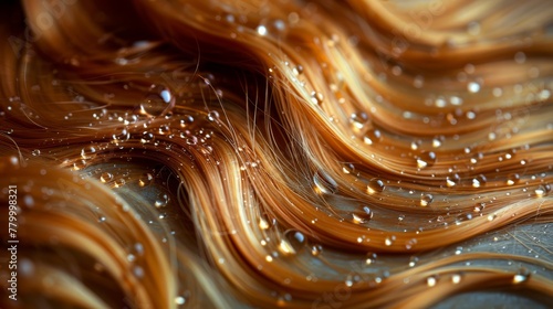  A tight shot of wavy golden locks, adorned with droplets of water at both the top and bottom curves