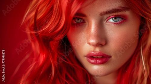  A tight shot of a red-haired woman with blue eyes against a backdrop of glowing red light