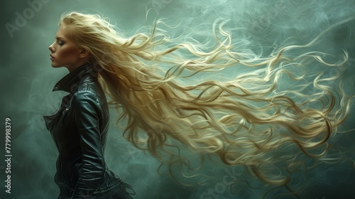  Woman with long, blonde hair swaying in the wind, clad in black leather jacket, against a dark backdrop © Jevjenijs