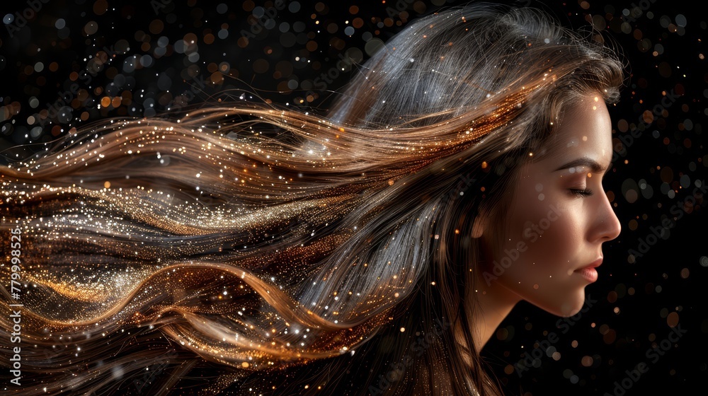   A woman with sparkling lights on her face as wind rustles through her hair