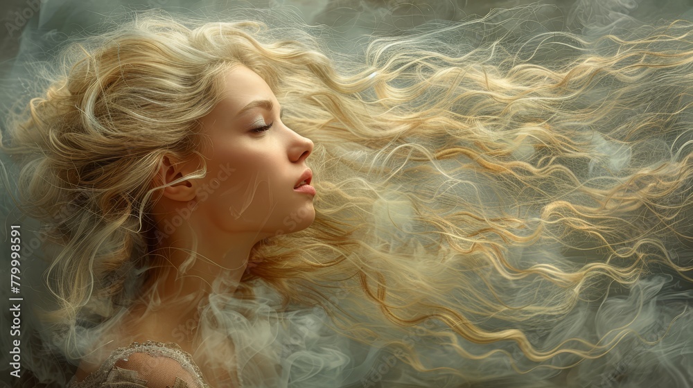A woman with long blonde hair flows in the wind, her eyes closed A woman with long blonde hair flows in the wind, her eyes closed
