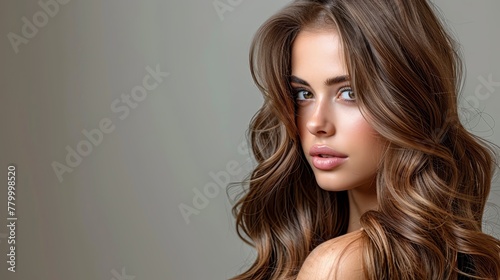  long, wavy brown tresses framing her face, deep blue eyes gazing directly into the lens, expression serious