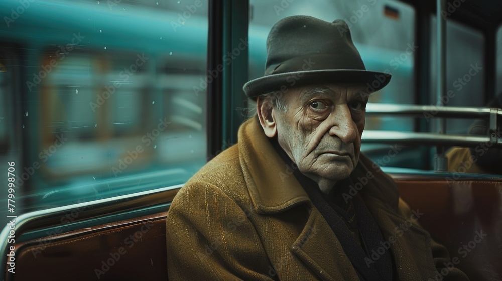 There is an elderly man on the bus, dressed in an old coat and hat, sitting alone with his head down. The background is blue, green and orange, and there are several windows inside. There is an elderly man on the bus, dressed in an old coat and hat, sitting alone with his head down. The background is blue, green and orange, and there are several windows inside.