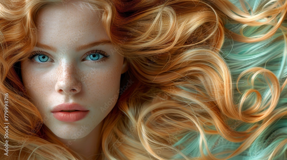 long, wavy red-blonde hair frames it, blue eyes gaze intently long, wavy red-blonde hair frames it, blue eyes gaze intently