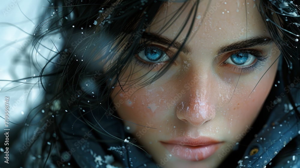 A woman's face, deeply engrossed in snowfall Snowflakes land, her eyes convey emotions Wind sweeps her hair, billowing it behind A woman's face, deeply engrossed in snowfall Snowflakes land, her eyes convey emotions Wind sweeps her hair, billowing it behind