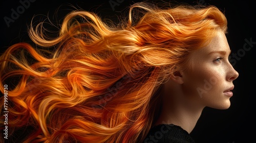  A woman with red hair billows in the wind against a black backdrop