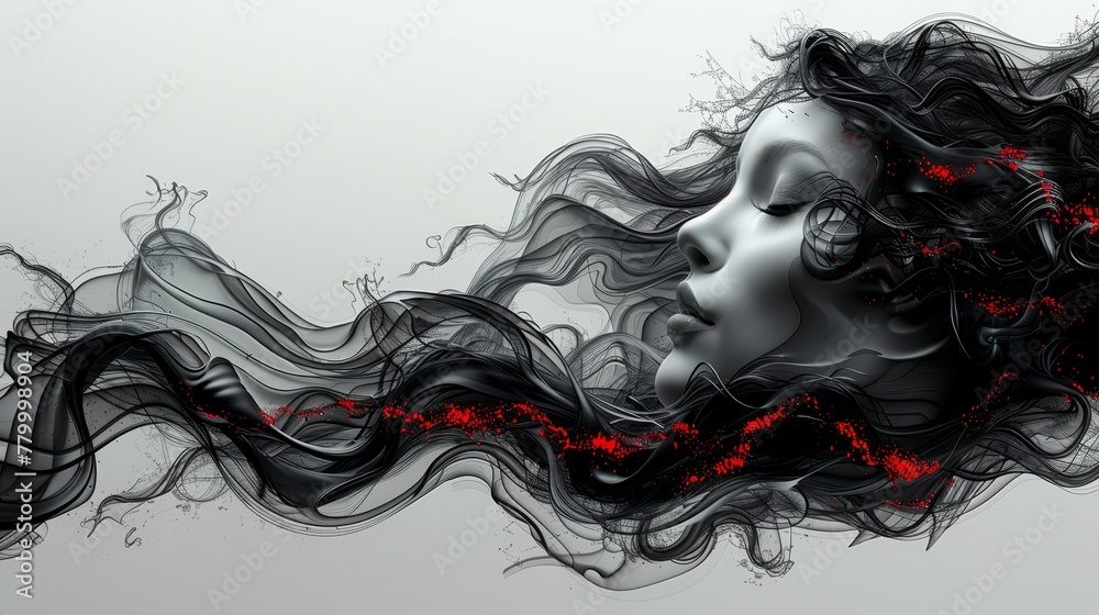  Woman's face with hair flowing in wind Black and red line accents emerge from her hair