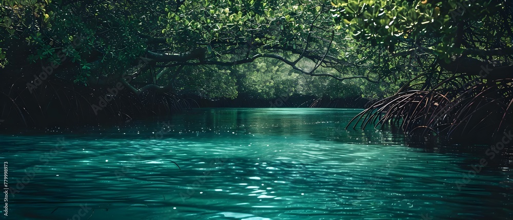 Sian Ka'an Serenity: Mangroves Cradling Tranquility. Concept Nature, Travel, Tranquility, Sian Ka'an, Mangroves - obrazy, fototapety, plakaty 