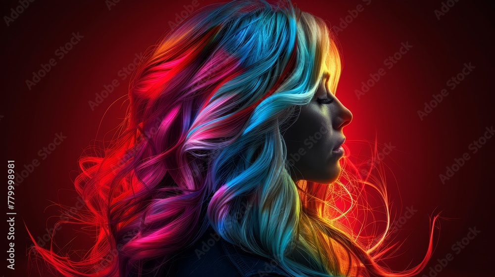   A digital painting of a woman with multicolored hair against a red backdrop