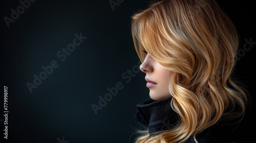  long blonde hair, black coat , black backdrop