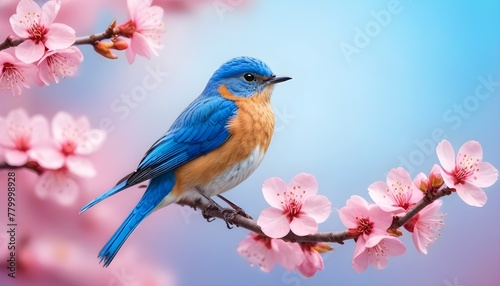 Blue bird on sakura branch with pink flowers in spring time. 