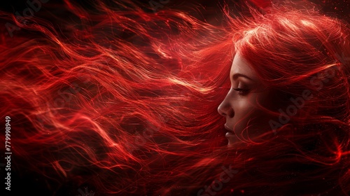  A woman with red hair is depicted in a tight shot against a black backdrop The wind causes her hair to billow dynamically