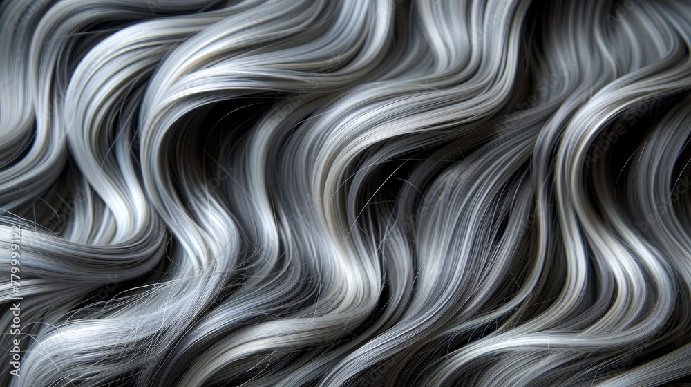 Obraz premium A monochrome image of wavy gray-white hair against a black-white backdrop